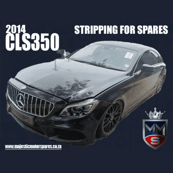 2014 Mercedes-Benz CLS350 stripped for spares at Majestic Motor Spares. Black luxury sedan with visible front-end damage, parked in a scrapyard