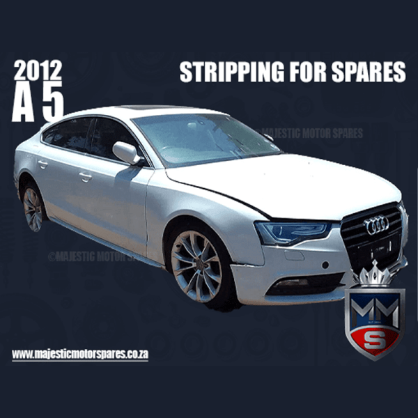 2012 Audi A5 white sedan with front-end damage, stripped for spare parts at Majestic Motor Spares.